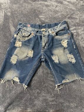 True Religion Y2K Men’s Super T Distressed Denim Cut-Off Shorts - Size 36